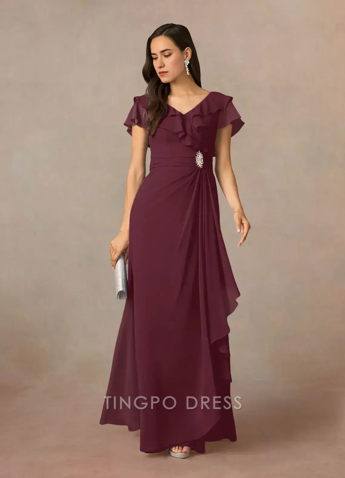 TingPo Wholesale Elegant Mother of the Bride Dresses Cabernet A-Line V-Neck Ruched Chiffon Dress hot sale for ladies